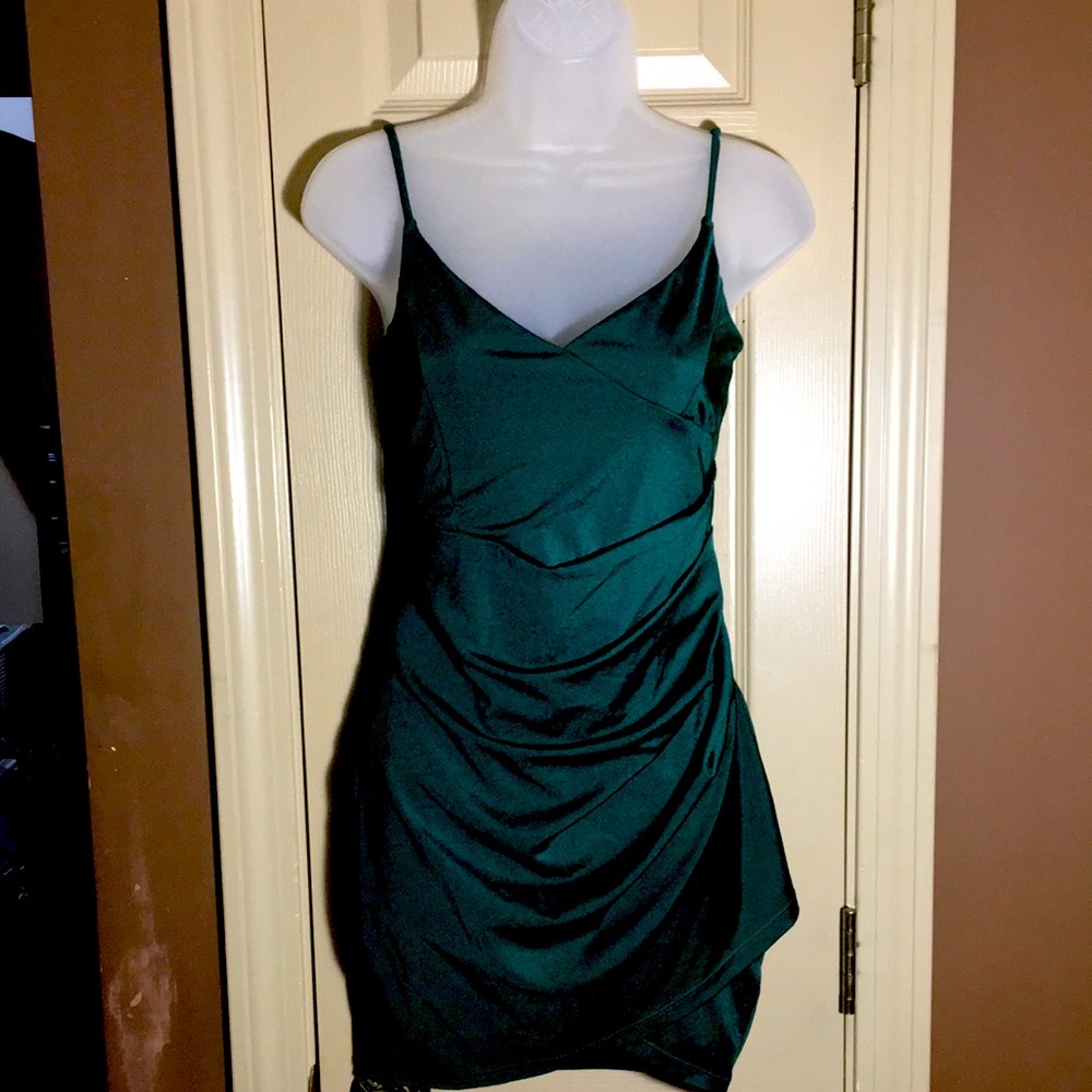 Windsor Luxe Satin Mini Dress Size M Cowl Neck Hunter Green - Picture 1 of 9